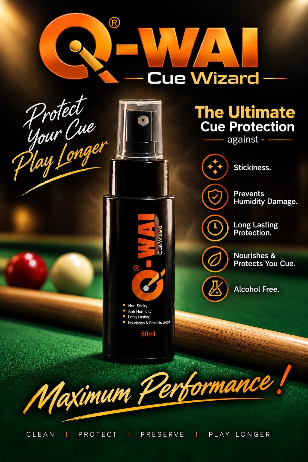 Q-WAI Cue Wizard benefits: non sticky, anti humidity, long lasting, alcohol free